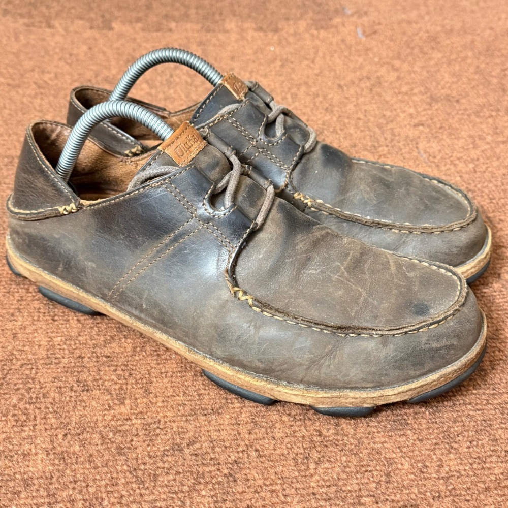 OluKai Ohana Lace Up Nubuck Dark Brown Leather Moc Toe Shoes Mens 9.5 10171-6333